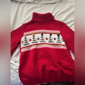 Girls Christmas sweater. Button up turtleneck or can be worn folded down.